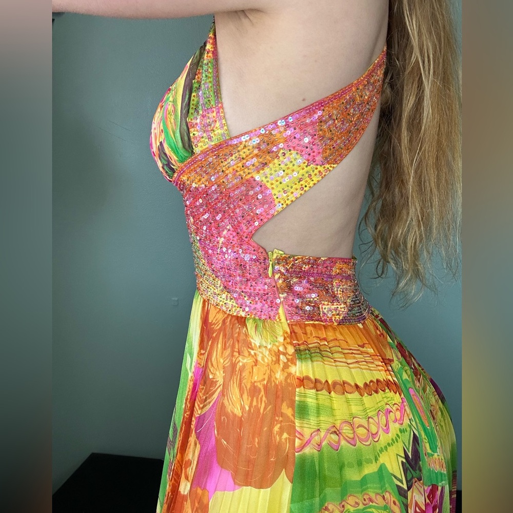 Tropical Floral Multi-Color Evening Gown Maxi Dress with Beading and Sequins - Picture 5 of 8